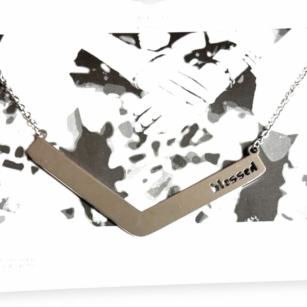 JAECI Women’s Silver “BLESSED” Angled Chevron Necklace